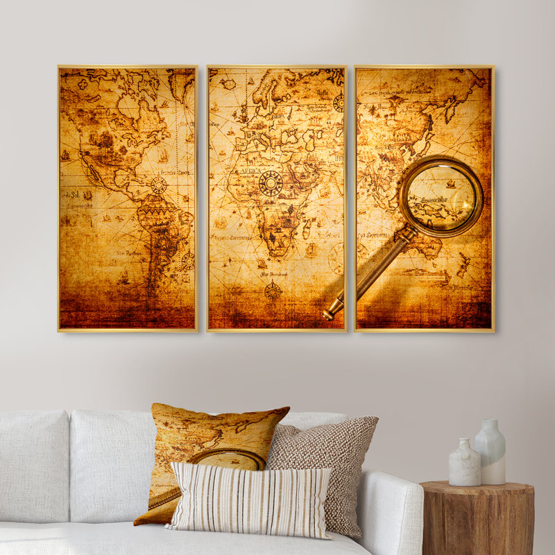 Loupe sur carte du monde - cartes et drapeaux, ensemble de 3 toiles encadrées, H 20 po x l 36 po x P 1 po, Encadrement doré