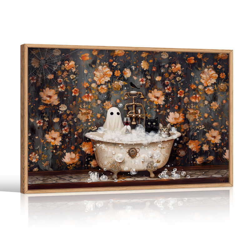 «Ghost and Cats in Clawfoot Tub» avec art floral sur toile Halloween, H 36 po x l 48 po