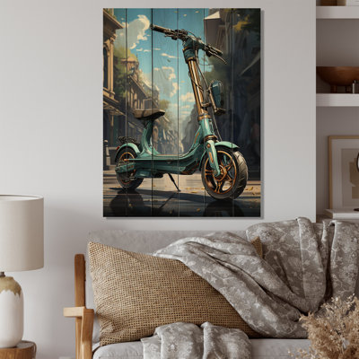 Turquoise, scooter électrique sur glissière dorée sur bois