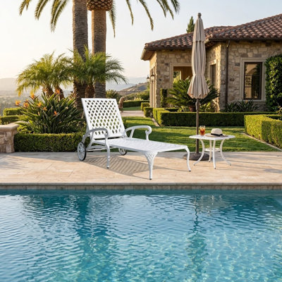 Cast Aluminum Outdoor Chaise Lounge With Wheels Ergonomic Reclining Patio Lounger