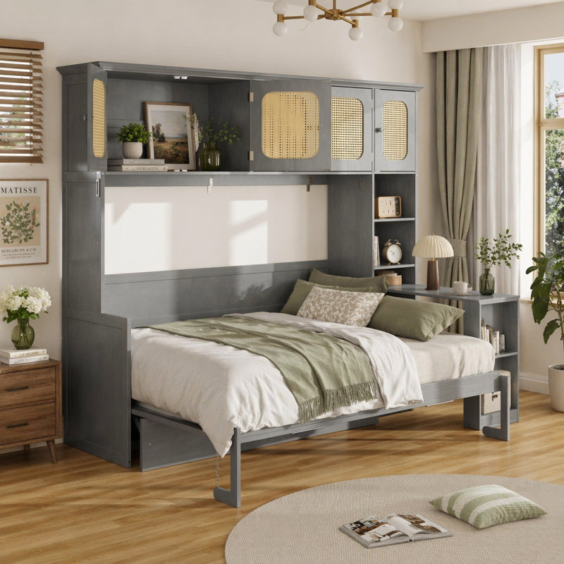 Lit escamotable double avec bureau et armoires en rotin, lit mural peu encombrant, Gris