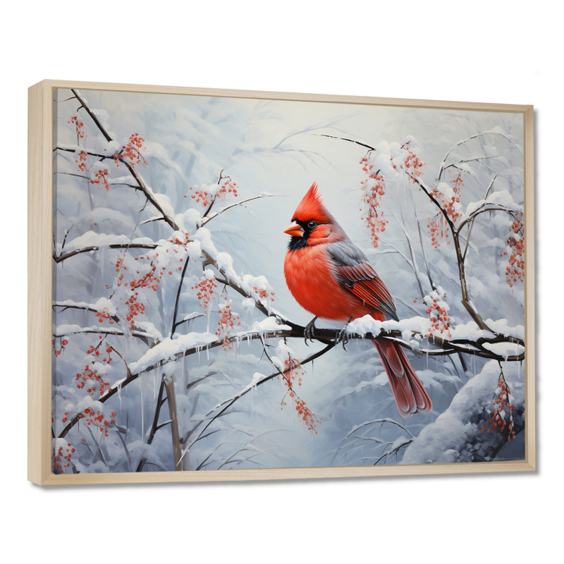 Canada Red Cardinal Bird Winter Wonderland IV - Print, 12" H x 20" W x 1" D, Maple Floater Framed