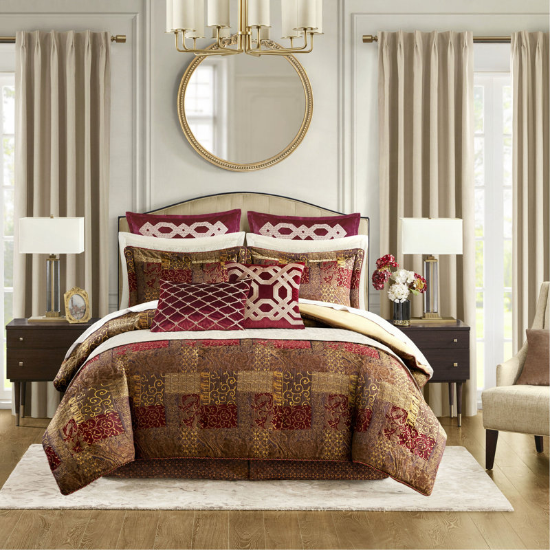 4 Piece Brown Comforter Set Brown, King Comforter + 3 Additional Pieces, Red
