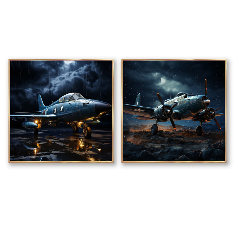 Avion militaire - Blue Thundering Skies - Ensemble de 2 carrés de collage militaire, Cadre flottant doré, H 16 po x l 33 po
