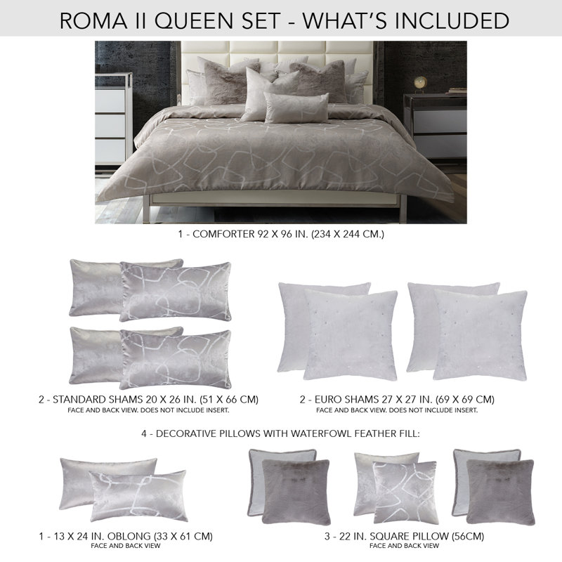 Roma II Comforter, Queen Comforter + 4 Standard Shams+4 Throw Pillows