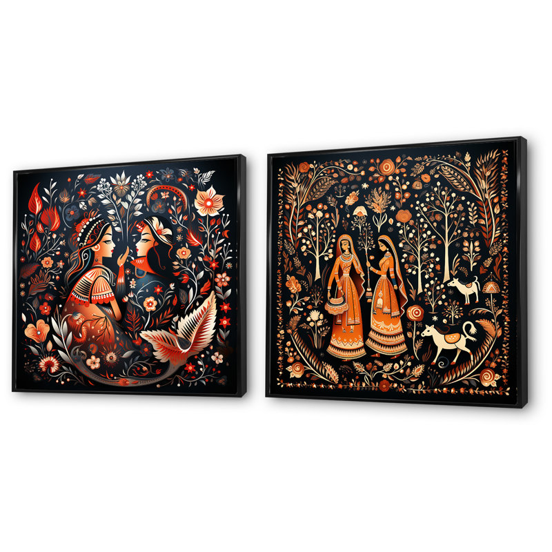Indian Art Rajasthani Folklore Tales I - Art mural indien ensemble de salon de 2, Cadre flottant noir