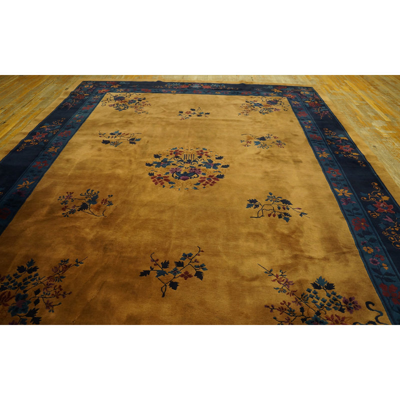 Antique Art Deco Chinese Floral Blue, Yellow / Gold / Orange 1920s Rug