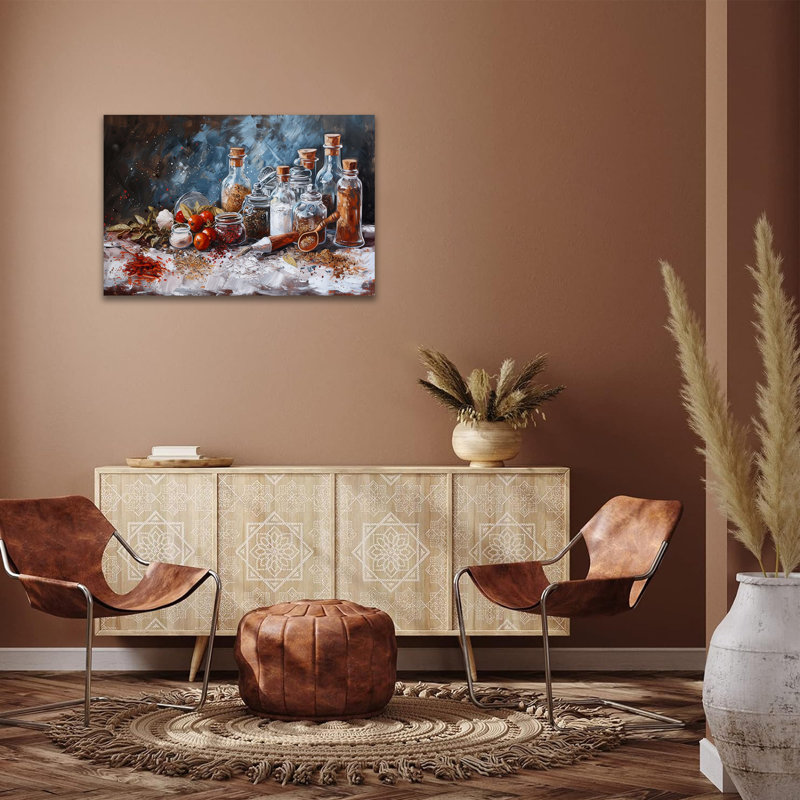 Art mural sur toile de cuisine, vaisselle de cuisine rétro, impressions sur toile, nourriture, nature morte, bouteilles, herbes, épices, affiche d'art, image pour décoration murale de salle à manger, 18 po x 24 po
