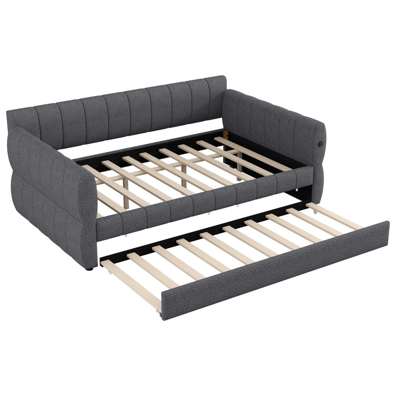 Queen Size Upholstered Platform Bed with USB Charging & Trundle, Gray, Sturdy & Space-Saving for Bedroom or Guest Room, Gray