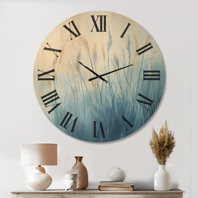 Hushed Blue Reeds I - Horloge murale bohème, imprimée sur bois