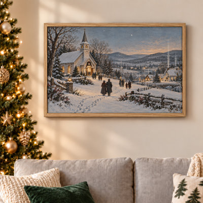«Snowy Stone Church and Village at Winter Evening Christmas», art mural sur toile