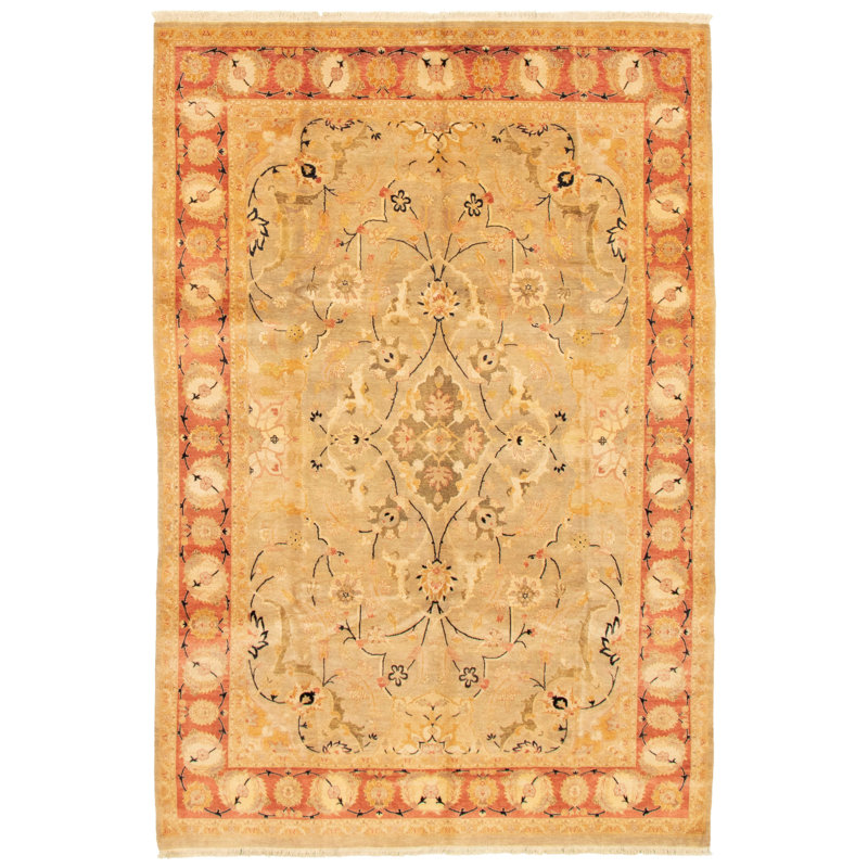 Tapis décoratif en laine noué à la main de conception unique noué à la main perse new age paktord 18/20 kaki 6 pi 1 po x 9 pi