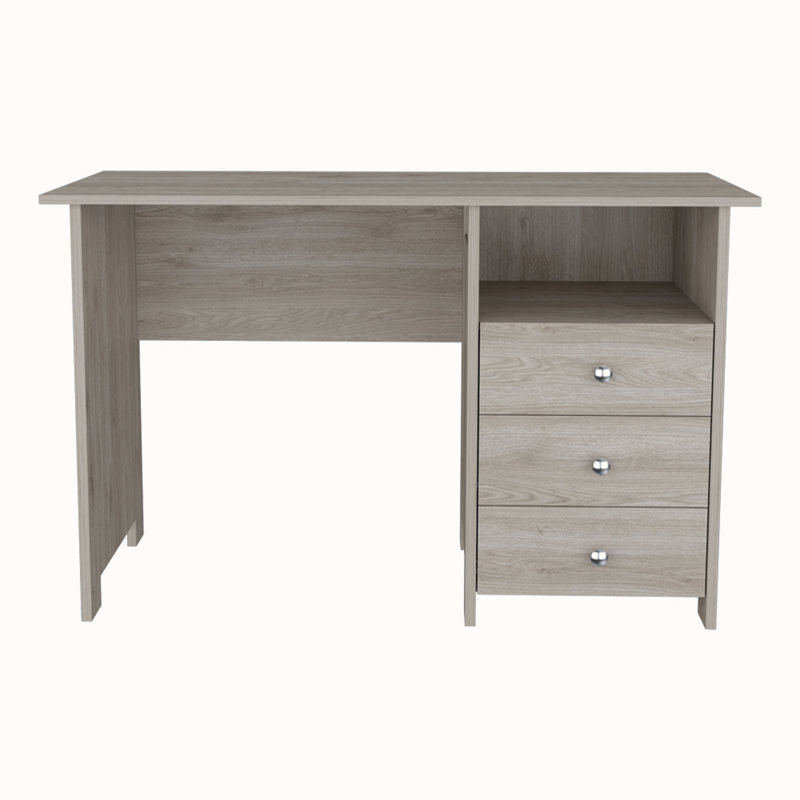 Bureau d'écriture Brentwood avec trois tiroirs et une tablette de rangement ouverte, finition gris clair