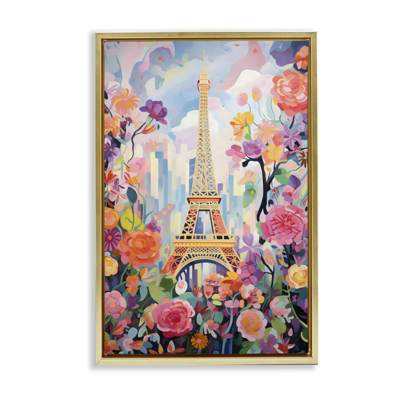 Tour Eiffel entourée de fleurs, cadre flottant, design by Creative Studio, H 31 po x l 21 po, Cadre flottant métallique doré