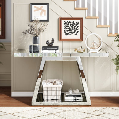Table d'entrée moderne avec miroir intégré de 142 cm (55,9 po) et design réfléchissant à 360°, base en bois, cadre en bois, rangement ouvert pour couloir, salon ou escalier.
