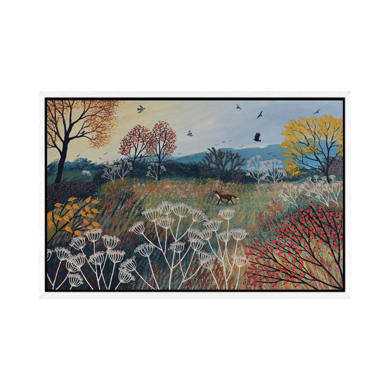 Across Autumn Meadow by Jo Grundy - Painting on Canvas, 66.04cm H x 101.6cm W x 3.81cm D, White Framed