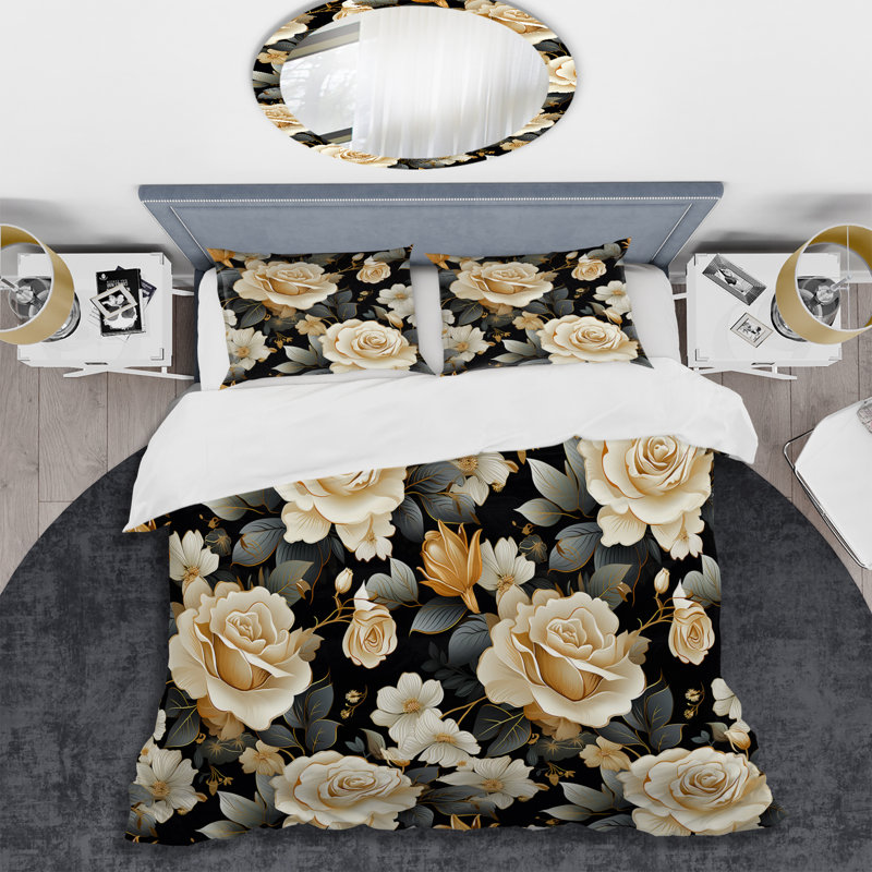 Timeless Beige Rose Elegant Bouquet - Ensemble de housse de couette floral - Polyester en microfibre