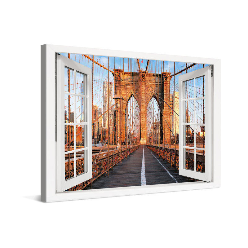 New York Brooklyn Bridge Window - Wrapped Canvas Print, 80cm H x 120cm W x 2cm D