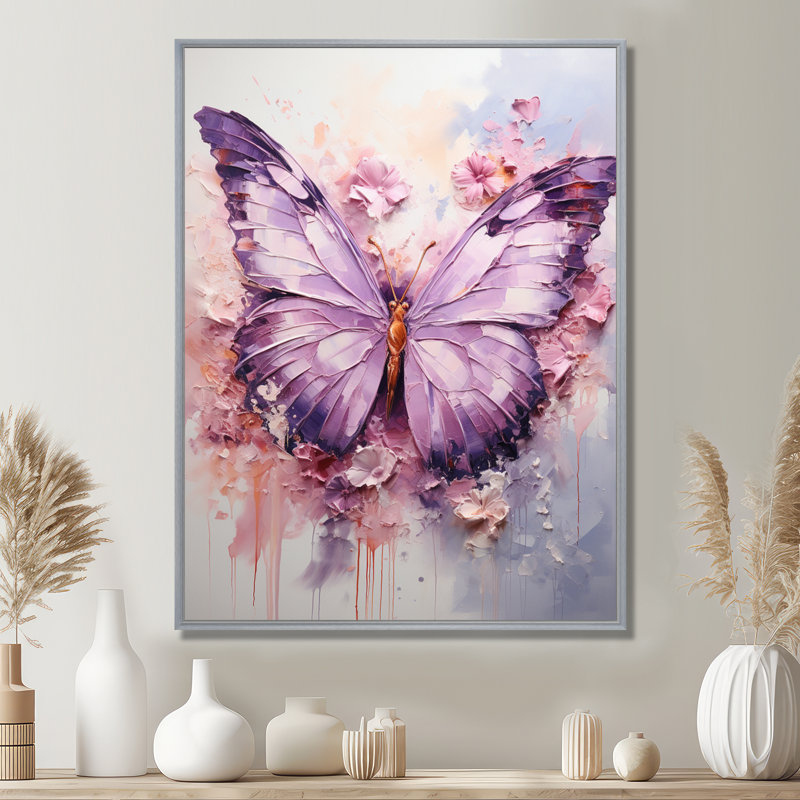 Lyrrissa, mauve, rose, lavande, papillon - art mural grand papillon, H 32 po x l 24 po, Encadrement doré