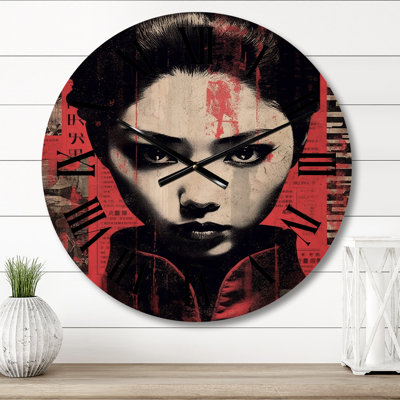 Vintage Oriental Beauty in Red and Black - Japon Woman Oversized Wood Wall Clock