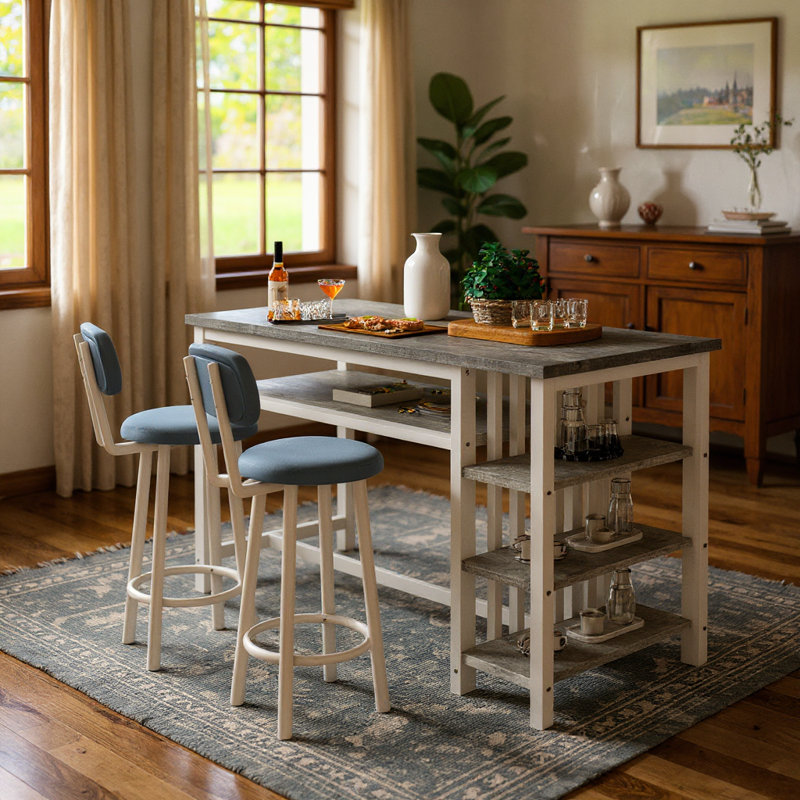 Euphemie 2 - Person Counter Height Bar Table Set with 2 Upholstered Stool Chairs, Gray/White