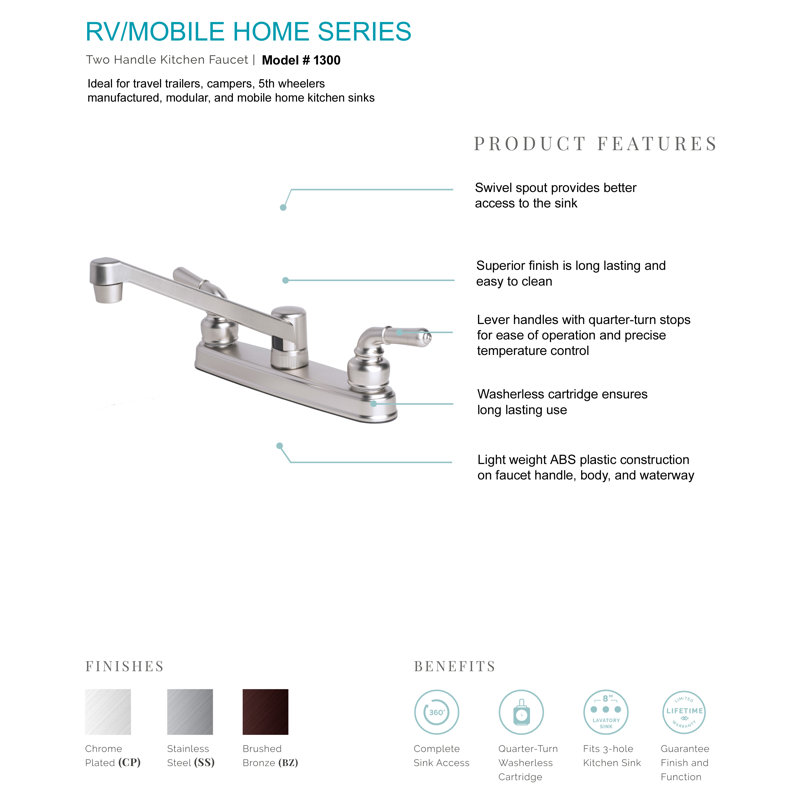 Robinet de cuisine rotatif à deux poignées pour véhicule récréatif / mobile home, Chrome