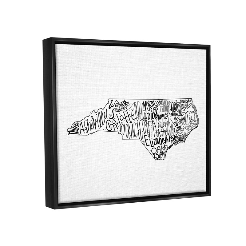 Les villes de la Caroline du Nord par «The Morning Evening Post», art textuel sur toile, Cadre flottant noir de jais