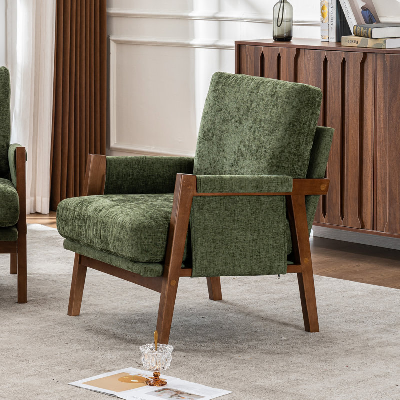Quinze Mid Century Modern Upholstered Chenille Solid Wood Accent Armchair, Green