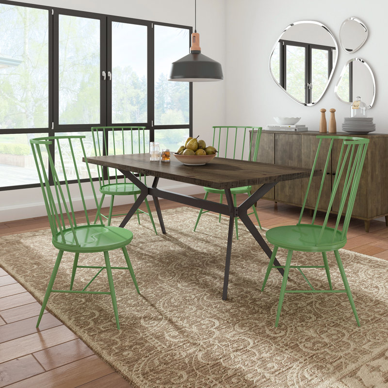 Bradfield 70" Iron Gray Metal Base Dining Table And High Back Windsor Chairs Set - Table And 4 Chairs, Dark Brown, Green
