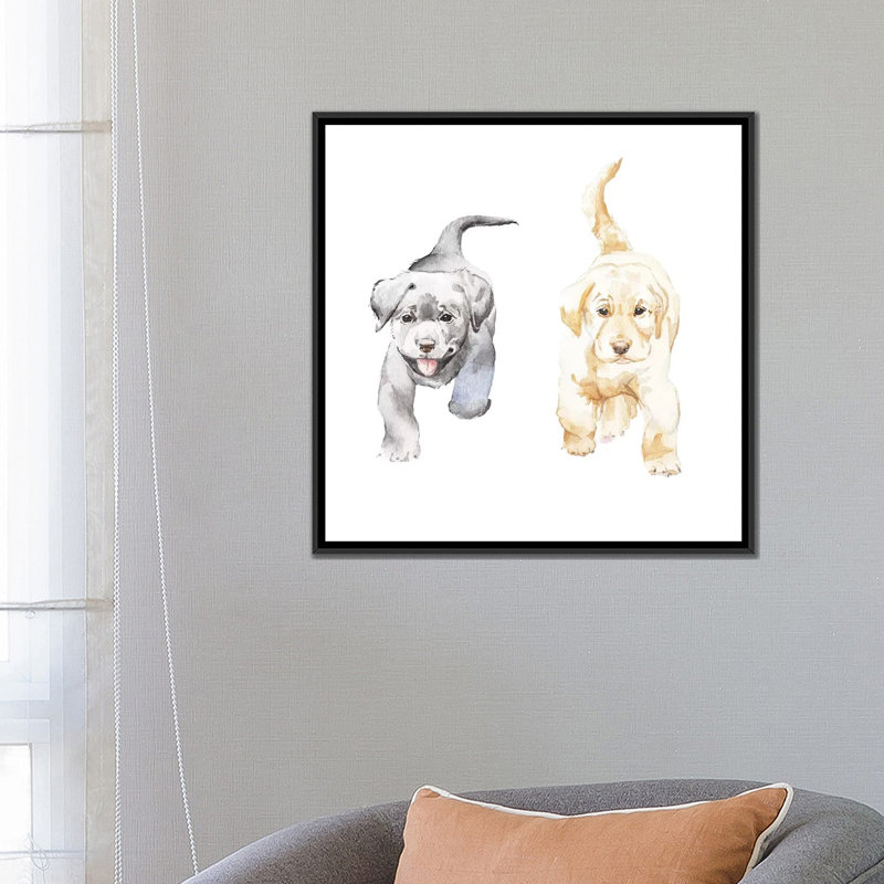 «Yellow And Black Lab Puppies», impression sur toile, H 18 po x l 18 po x P 1,5 po, Toile avec cadre noir, Pas de tapis