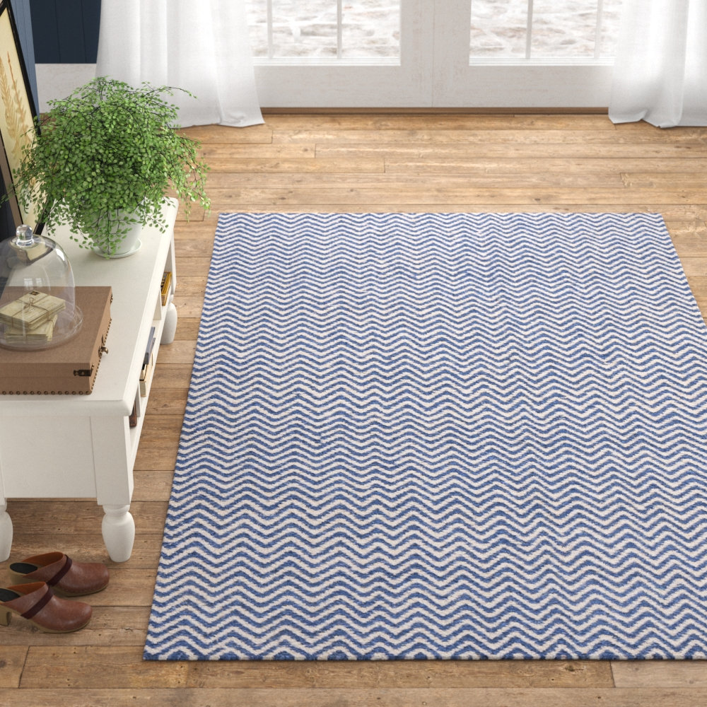 Rita Blue White Hand-Woven Wool Rug, Rectangle 5' x 8'