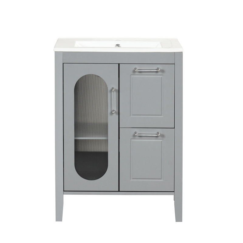 Meuble-lavabo moderne de 24 po en bois massif avec une finition grise, un lavabo avec deux tiroirs et une armoire à tablette réglable