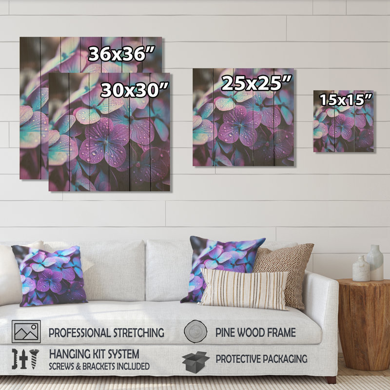 Hortensia mauve, fleurs, harmonie II - hortensia sur bois, H 15 po x l 15 po