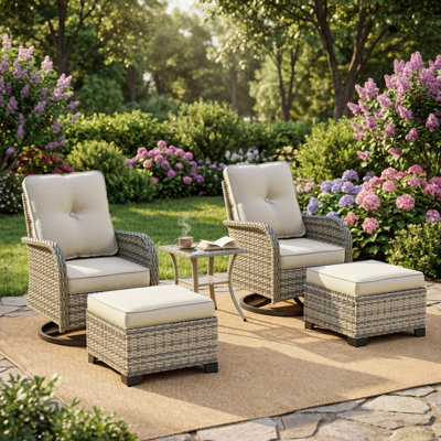 5-Piece Outdoor Swivel Glider Chair Set With Cushions, Ottomans And Side Table