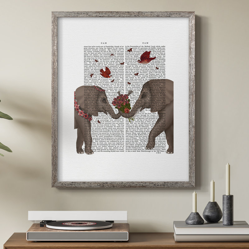 Éléphant en bouquet, reproduction encadrée portrait - bois massif, H 30 po x l 24 po