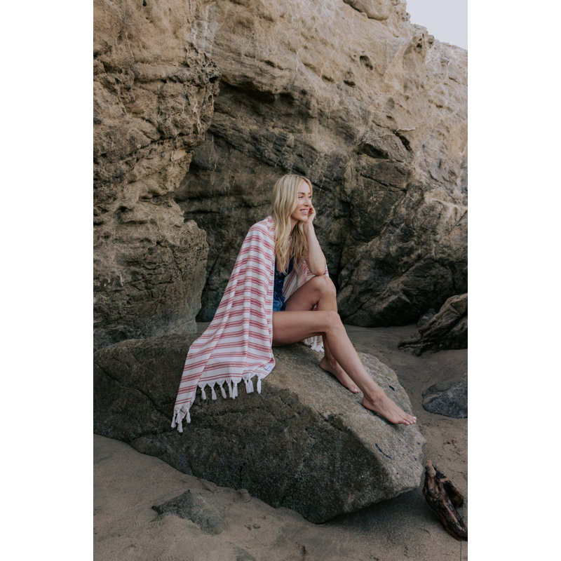 Antalya Bask Turkish Bath Towel with Terry Cloth Lining, Luxe Striped Beach Fouta, 100% Organic Cotton , 68” x 37”, Red
