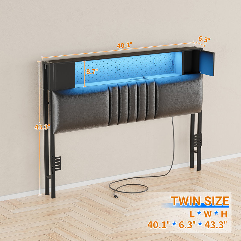 Tête de lit rembourrée avec rangement en polyuréthane avec lumières DEL et station de charge, Lit simple, Noir