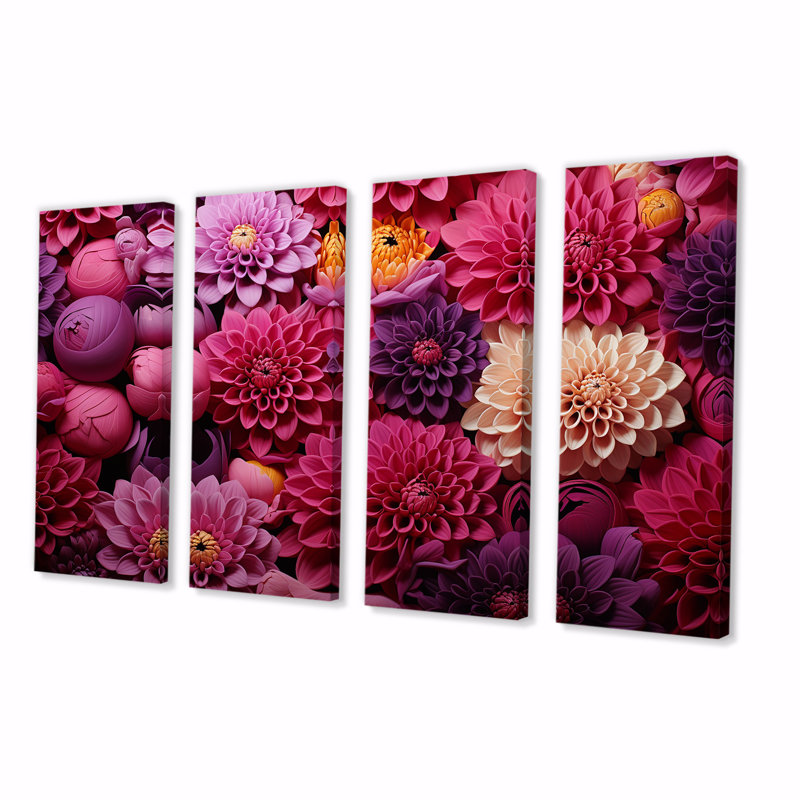 «Pink Chrysanthemums Gardens Collage I - Chrysanthemums», art mural 4 pièces, H 32 po x l 64 po