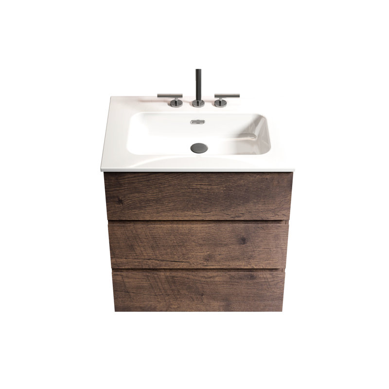Meuble-lavabo moderne en noyer avec rangement abondant et performance silencieuse avec lavabo, 24"