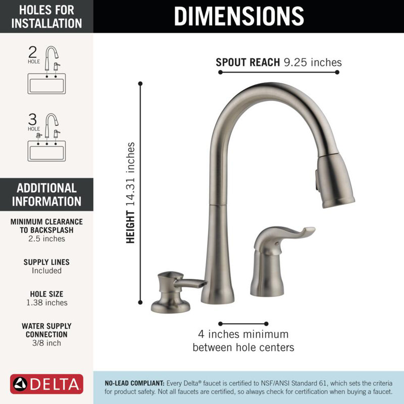 Kate Brushed Nickel Kitchen Faucet with Pull Down Sprayer and Soap Disperser, Modern Two Hole Kitchen Sink Faucet, Single Handle, Stainless