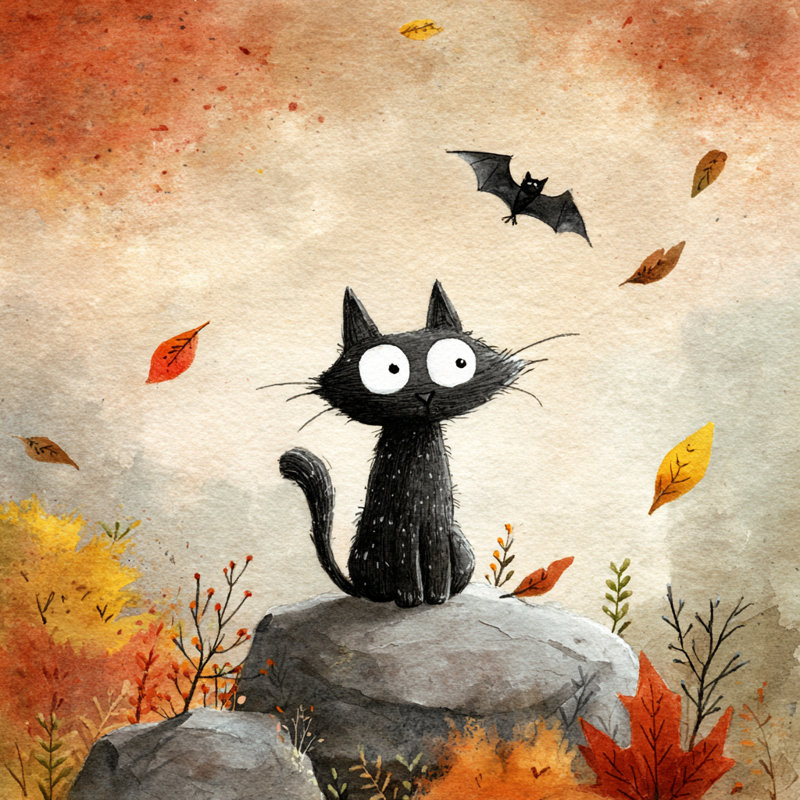 «Autumn Cat and Bat», art mural sur toile tendue, H 20 po x l 20 po