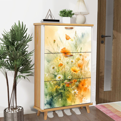 Shoe Storage Cabinet with 3 Flip Drawers for Watercolor Floral Bouquet Orange White Wildflowers Shoe Rack Storage Organizer