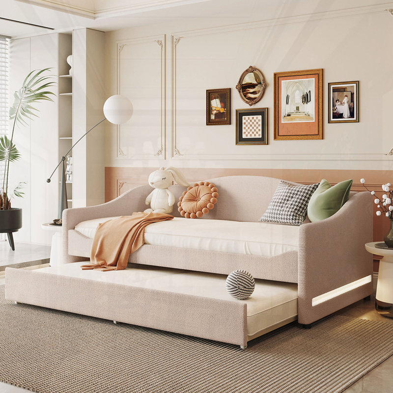 Lit de jour rembourré en molleton Teddy avec lumière et lit gigogne, Beige