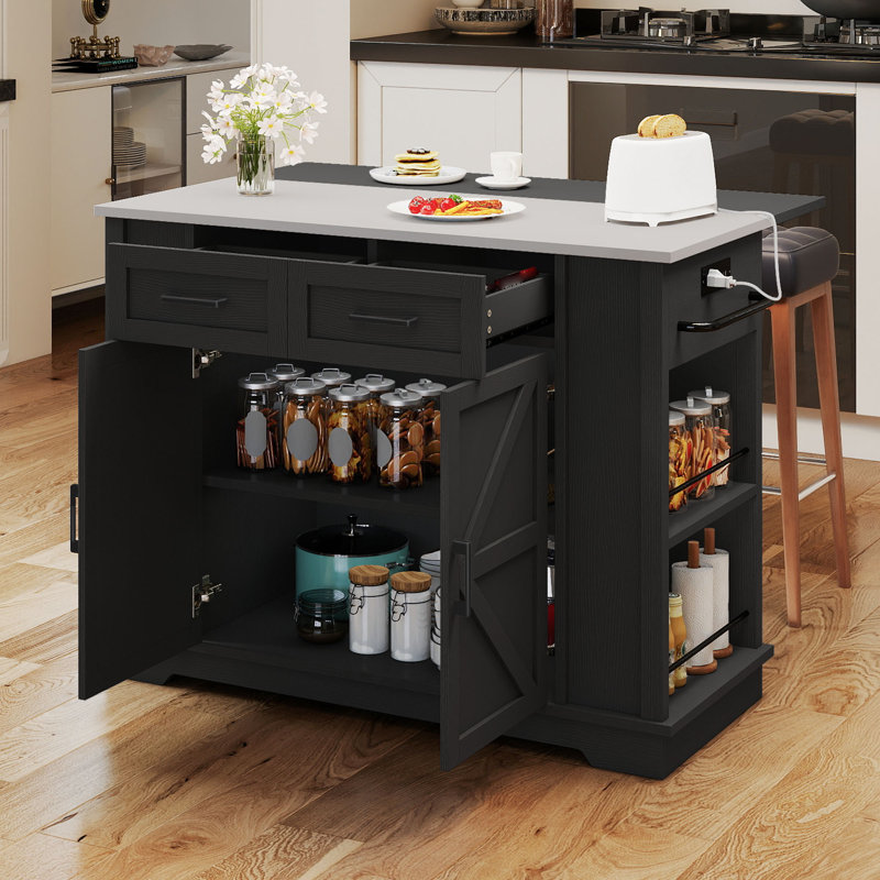 Rolling Portable Mobile Kitchen Island Cart On Wheels With Stainless Steel Metal Top Drop Leaf Power Outlet Storage Drawer Cabinet