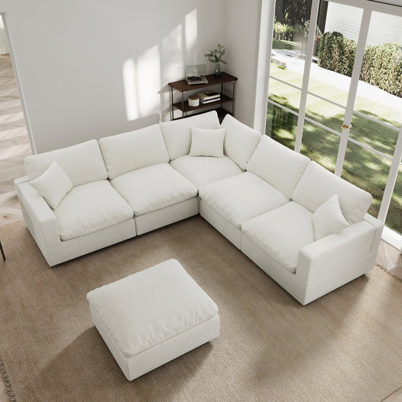 Canapé modulaire avec repose-pieds en L pour canapé-lit de 95,4 po Otina, Mélange de lin crème