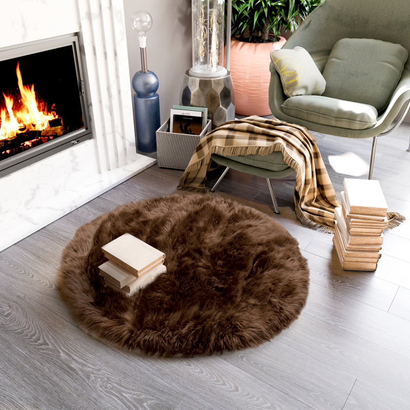 Diller Dark Brown Faux Fur Machine Washable Shag Fluffy Area Rug, Round 5'