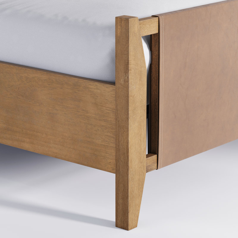 Structure de grand lit plateforme en similicuir avec pieds en bois massif, Queen