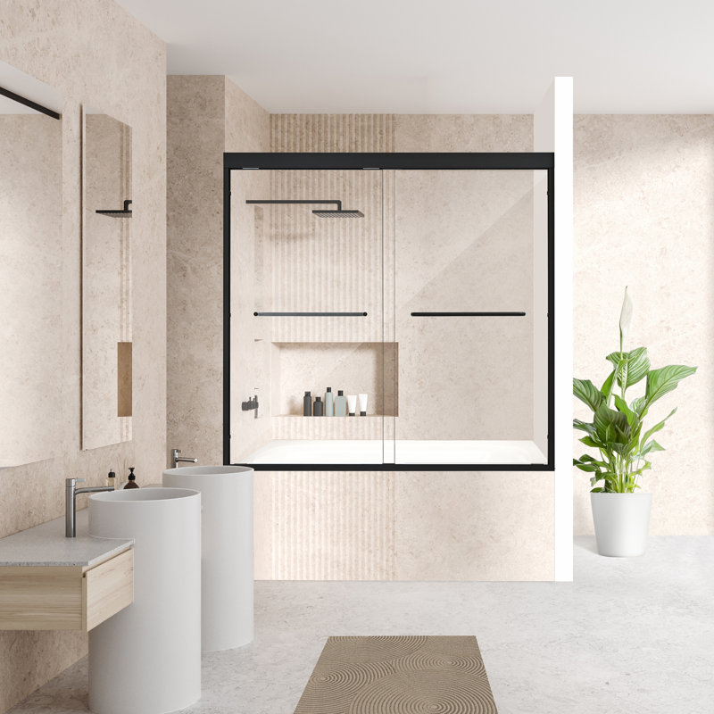 Porte de baignoire encadrée avec verre transparent l 60 po x H 58 po Ennis, Noir mat