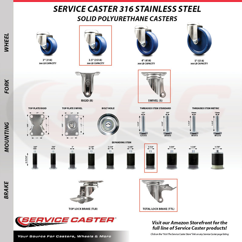 Swivel Stem Caster, 3.5" H x 3.5" W