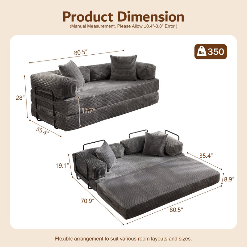 Canapé-lit convertible 80,5 po avec coussins, Gris